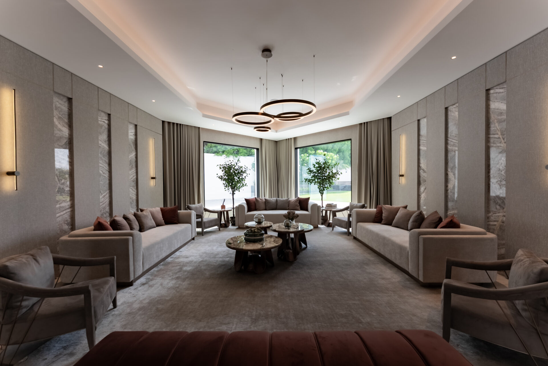 Symmetrical luxury living room — modern villa, Dubai
