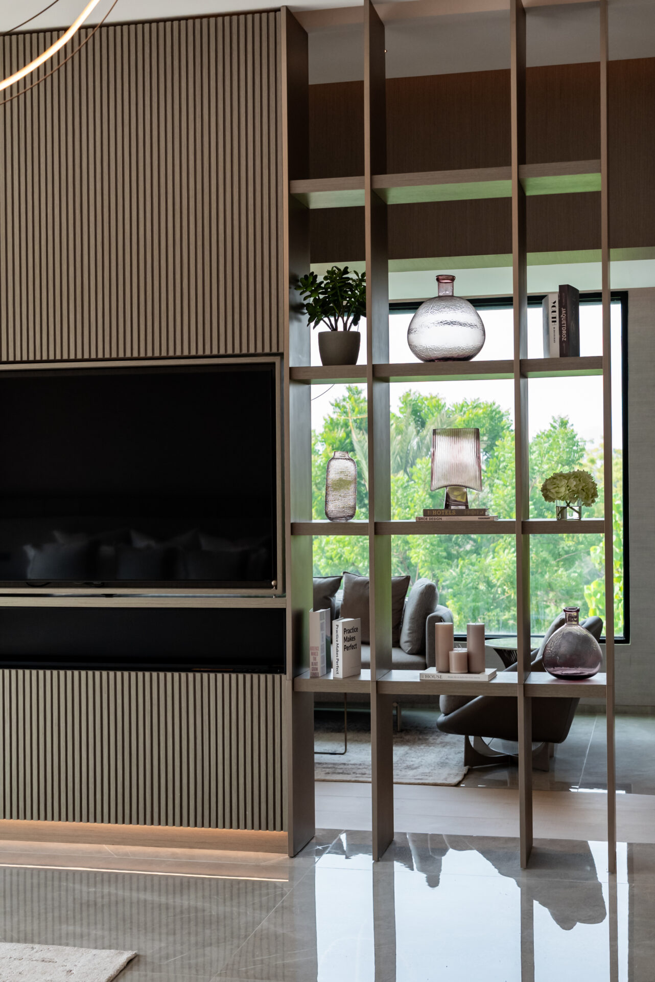 Editorial interior detail — slatted feature wall, modern Dubai villa