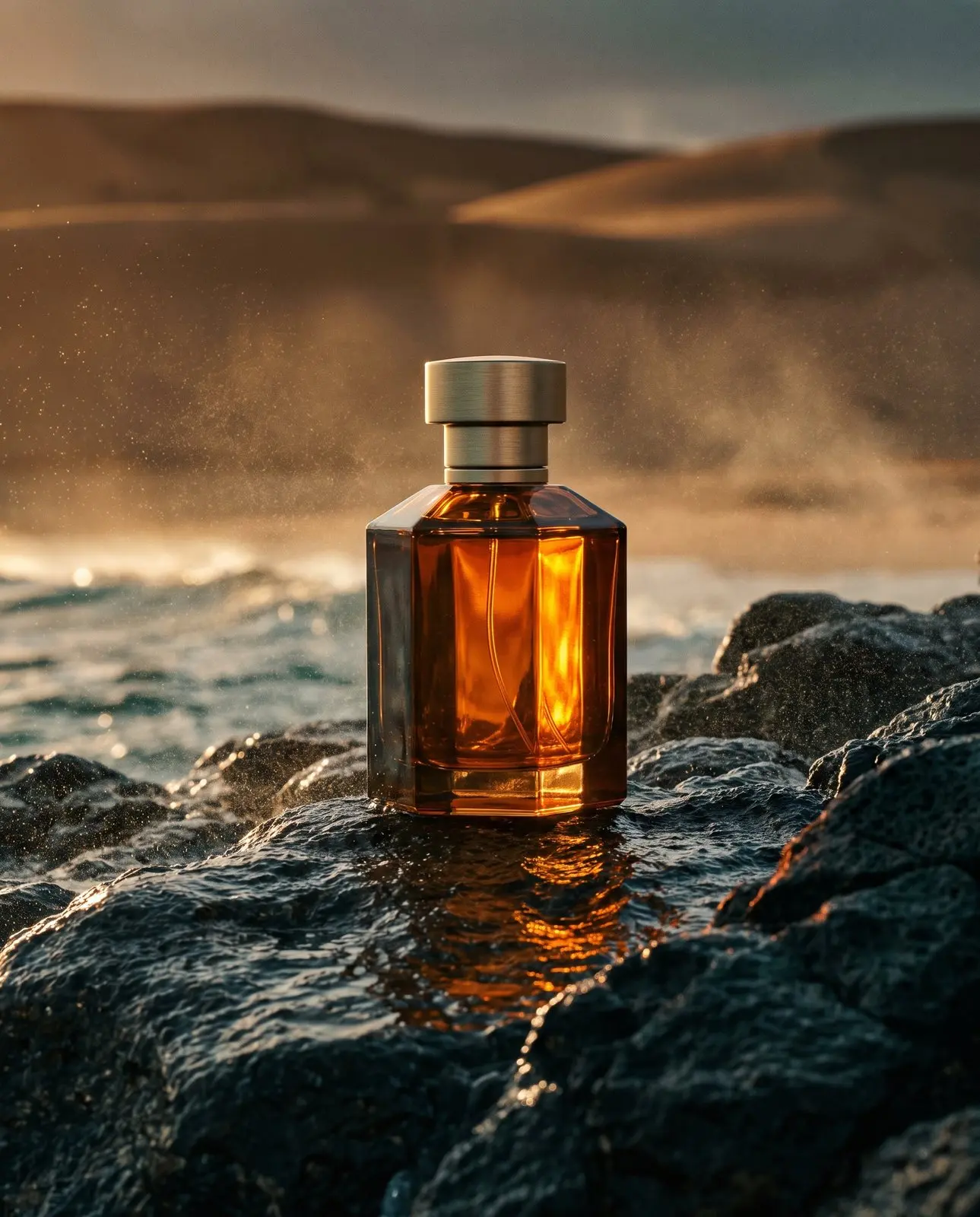 AI-generated perfume ad: an amber glass bottle on wet black rock by the sea at golden hour — AI ad production by CEMA Dubai